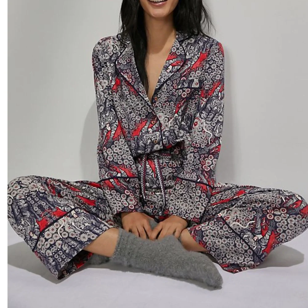 Anthropologie Red, Gray, Cream Patterned Pajama Pants